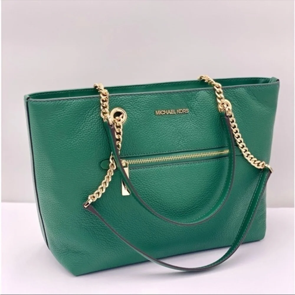 Michael Kors Medium Front Zip Chain Tote Bag Leather JEWEL GREEN